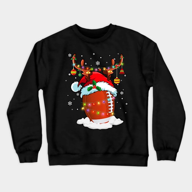 Reindeer Santa Hat Football Christmas Lights Xmas Crewneck Sweatshirt by Dunnhlpp